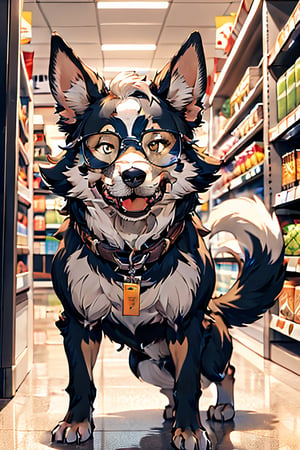 ((masterpiece, best quality)), absurd, design a furry character, furry_man, dog_man, hairy_man, mature man, light_brown_fur, short_hair, highlighted_hair, black_hair, raised bangs, full body, stocky body, dog ears, dog's tail, raised tail, different_colored eyes, dark_yellow_left_eye, dark_orange_right_eye , spot, round spot, round spot around the eye, eye with round spot, gray spot, black glasses, well-defined details, beautiful, beautiful details, furry-art, full style, supermarket employee, supermarket cashier, happy, face silly, solo, smiling, looking at viewer, cowboy photo, cinematic composition, dynamic pose,nj5furry