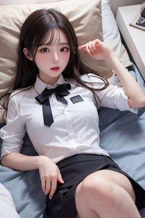 a girl,white_bed,lying,white uniform, unbuttoned, black tie loose,black mini skirt 