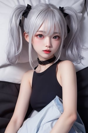 a girl,white_bed,lying,silver-white hair in twin ponytails, dark blue pupils, black sleeveless top, black hot pants, black collar