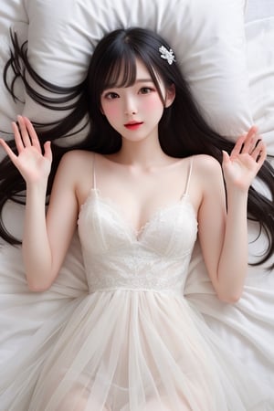 top-down view, a girl ,lies on her back on a white bed,long black hair, white dress, barefoot,snow-white skin,open hands upward 