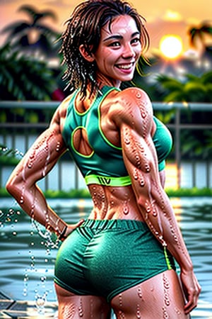 (best quality:1.5), (hyperrealistic:1.5), 27 year old muscular brazilian woman, messy short blonde haired, brown eyed, fair tanned skin, wet hair, body soaked in sweat, full body view, smiling, frontal view, side view, back view, jogging in marathon, wearing green fitness clothes, ripped abs, smiling, sunset scenery