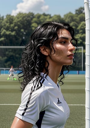 (best quality:1.5), (hyperrealistic:1.5), (25_year_old_persian_woman), (skin texture:1.1), (high detail face:1.1), (curly_long_black_haired), brown_eyed, high detail body, (fair_skin), (tall_amazonian_muscular_body), wearing_white_soccer_shirt, wearing_white_soccer_shorts, wearing_white_soccer_socks, (walking_inside_soccer_pitch), wet_hair, (oily_sweaty_skin),  side_view, toned_abs, shining_sun_scenery