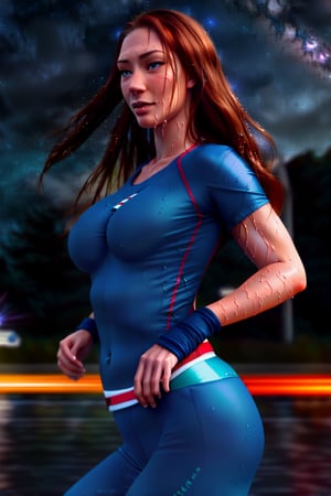 (best_quality:1.5), (hyper-realistic:1.5), straight long auburn hair, blue eyed, pale skin, 25 year old scottish woman, wearing blue tight fit clothes, starry sky scenery, running in marathon, wet hair, wet body, ripped abs, front view, side view, looking at the viewer