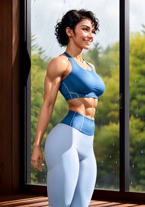 (best quality:1.5), (hyperrealistic:1.5), (24_year_old_paraguayan_woman), (skin texture:1.1), (high detail face:1.2), (curly_short_black_haired), brown_eyed, high detail body, (tanned_white_skin), (toned_built_body), (standing_inside_wood_gym),  (wearing_blue_tight_fitness_clothes), (rain_forest_scenery_outside_window), wet_hair, (sweaty_body),  sidefront_view, ripped_abs, shining_highnoon_scenario, smiling