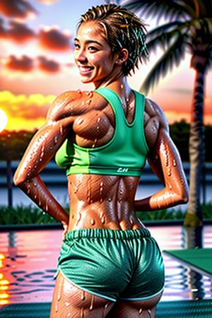 (best quality:1.5), (hyperrealistic:1.5), 27 year old muscular brazilian woman, messy short blonde haired, brown eyed, fair tanned skin, wet hair, body soaked in sweat, full body view, smiling, frontal view, side view, back view, jogging in marathon, wearing green fitness clothes, ripped abs, smiling, sunset scenery