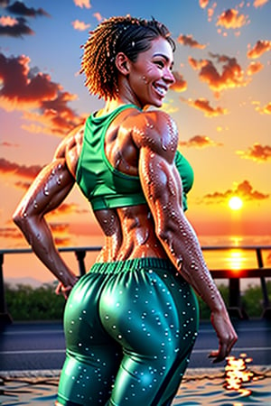 (best quality:1.5), (hyperrealistic:1.5), 27 year old muscular brazilian woman, messy short blonde haired, brown eyed, fair tanned skin, wet hair, body soaked in sweat, full body view, smiling, frontal view, side view, back view, jogging in marathon, wearing green fitness clothes, ripped abs, smiling, sunset scenery