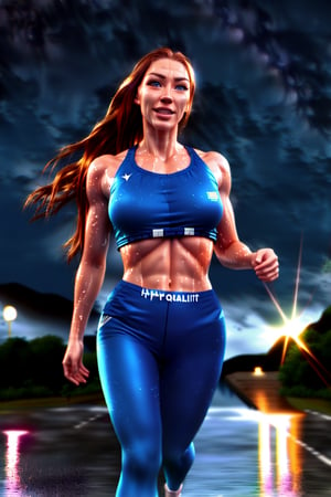 (best_quality:1.5), (hyper-realistic:1.5), straight long auburn hair, blue eyed, pale skin, 25 year old scottish woman, wearing blue tight fit clothes, starry sky scenery, running in marathon, wet hair, wet body, ripped abs, front view, side view, looking at the viewer