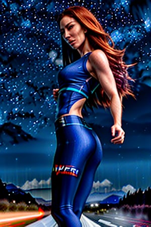 (best_quality:1.5), (hyper-realistic:1.5), straight long auburn hair, blue eyed, pale skin, 25 year old scottish woman, wearing blue tight fit clothes, starry sky scenery, running in marathon, wet hair, wet body, ripped abs, front view, side view, looking at the viewer