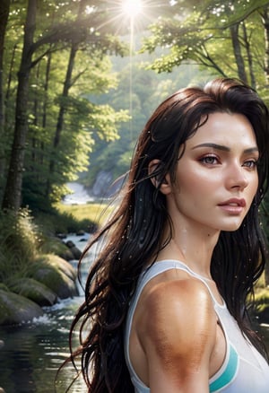 (best_quality:1.5), (hyperrealistic:1.5), (skin_texture:1.5), 25_year_old_canadian_woman, straight_long_black_haired, hazel_eyed, white_skin, toned_body, jogging_inside_grassy_forest, river_in_background, front_view, side_view, shining_sun_scenery, wet_skin, soaked_hair, masterpiece, highres, 8k, photorealistic, hyper detailed, cinematic, clean_bright_colors, sharp focus, HD, wearing_all_red_tight_short_fitness_clothes