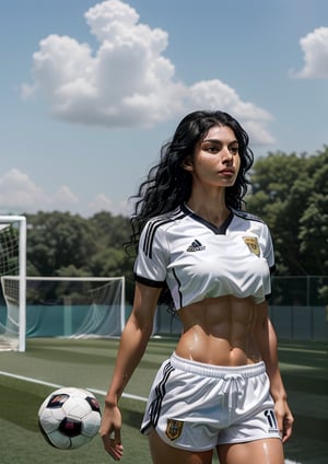 (best quality:1.5), (hyperrealistic:1.5), (25_year_old_persian_woman), (skin texture:1.1), (high detail face:1.1), (curly_long_black_haired), brown_eyed, high detail body, (fair_skin), (tall_amazonian_muscular_body), wearing_white_soccer_shirt, wearing_white_soccer_shorts, wearing_white_soccer_socks, (walking_inside_soccer_pitch), wet_hair, (oily_sweaty_skin),  side_view, toned_abs, shining_sun_scenery