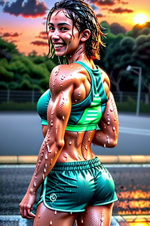 (best quality:1.5), (hyperrealistic:1.5), 27 year old muscular brazilian woman, messy short blonde haired, brown eyed, fair tanned skin, wet hair, body soaked in sweat, full body view, smiling, frontal view, side view, back view, jogging in marathon, wearing green fitness clothes, ripped abs, smiling, sunset scenery