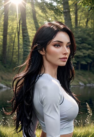 (best_quality:1.5), (hyperrealistic:1.5), (skin_texture:1.5), 25_year_old_canadian_woman, straight_long_black_haired, hazel_eyed, white_skin, toned_body, jogging_inside_grassy_forest, river_in_background, front_view, side_view, shining_sun_scenery, wet_skin, soaked_hair, masterpiece, highres, 8k, photorealistic, hyper detailed, cinematic, clean_bright_colors, sharp focus, HD, wearing_all_red_tight_short_fitness_clothes