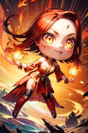 1 girl, red hair, fire magician, engulfed in orange and yellow flames, wide neckline dress, red dress, floating in the air, masterpiece, best quality, realistic, ultra high resolution, depth of field, (detailed background), (masterpiece: 1.2), (ultra detailed), (best quality), complex and complete film photography, magical, (gradients), colorful and detailed landscape, visual key.