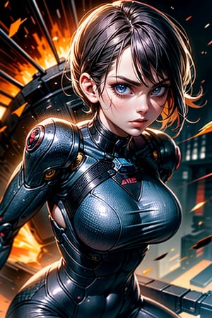 a highly specialized and lethal cyborg in combat, a woman with a slim and athletic build, she has short, dark hair, usually combed back or in a pixie cut, her skin is pale and her face has fine and expressive features. wearing a tight black or dark blue suit that highlights his athletic figure and gives him freedom of movement in combat. He wears a pair of black gloves that allow him to interact with advanced technology and weaponry. in a dynamic position and ready to confront their adversaries, include elements such as futuristic weapons, cybernetic technology or visual effects, masterpiece, best quality, realistic, ultra high resolution, depth of field, (detailed background), (masterpiece), (ultra detailed), (best quality), complex and complete film photography, magical, (gradients), colorful and detailed landscape, visual key, detailed face, detailed eyes.