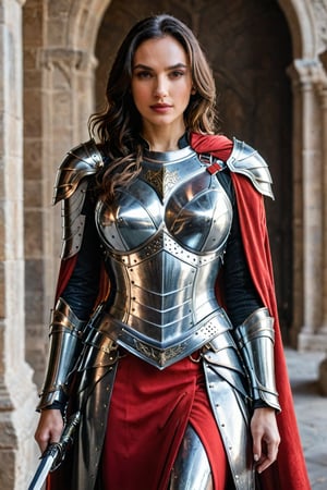 a woman in a red dress and armor posing for a picture, lady in red armor, of a beautiful female knight, warrior dress, warrior outfit, silver armor and red clothing, beautiful female knight, beautiful female warrior, girl in knight armor, gal gadot as hell lord, wearing heavy armor with cape, dressed in spartan armour, stunning armor, beautiful armor