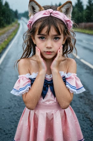 1 little girl, 7 years . Tiny  girl Shaggy hair
Collar, accessories
Wearing wolf headband pink off shoulder sailor  and skirt
Teary and focus eyes. , detailed finger
On a rainy road
Proporsional