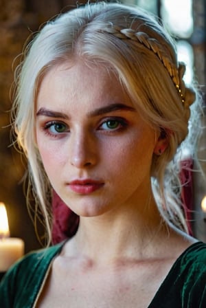 (((a deep reddish wound crosses her left cheek))) fair complexion, woman around 19 years old, natural white hair, distinctive green eyes, wearing kohl, slender and graceful, beautiful, candlelight in a medieval setting, ultra sharp focus, realistic shot, medieval female clothes, tetradic colors (scar:1.4)