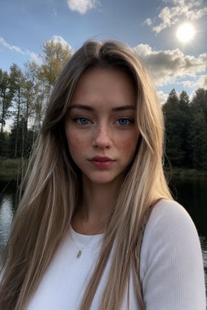 Best work, attractive 20 years old girl in long black dress at the lakeside in a forest named Lauren_v1 in white clothes, looking at viewer, baby blue eyes(0.5), huge black pupils, eyelashes, eyebags, long honey blonde hair, sharp nose, aesthetic jawline, parted lips, pond, dark sky, lights in the background, realism, red sky, detailed sky, realistic clouds, sun, bright environment, late afternoon, sun rays in the clouds, highly detailed, high quality, hyperrealism, 4k, intricate details, detailed skin, photogenic