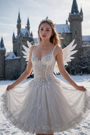 8k resolution，Angel，The halo on the head，float，snow queen, Castle Background，White skin，one person，，White tulle skirt