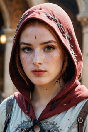 (realistic oil painting, Image up to the waist, 20-year-old princess, Englishman, black eyes, Vibrant appearance, Redhead, short hair), Ezio Auditore Tunic, Hooded, black, brown, red detail, Decorations, Freckles 10% of the zygomatic bones, Perfect Face, Critical Camera, Blurred Background, Warm Light, Garment Details, Strong leftovers, Mystery Pose