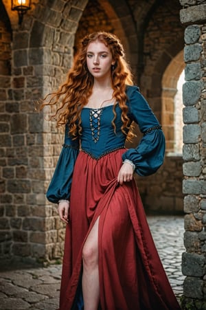 RAW photo, Girl 18 years old, Waist-length image in the center of the composition, pretty, Embarrassed, Long red curly hair braided, ((Medieval dress with long wide sleeves)), cutout dress, legs, (in a medieval castle), blurred background, 8K UHD, dim lighting, hiquality, Film grain, Fujifilm XT3