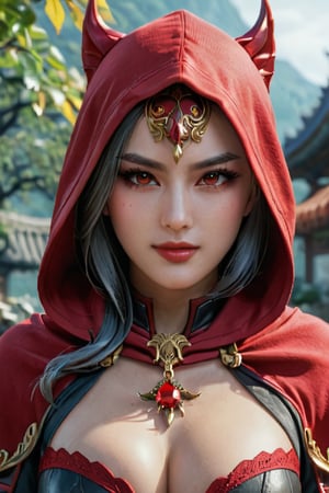 a close up of a woman wearing a red hood like a ruby ​​wearing a patch over one eye, shadowbringers cinematic, 4 k detail fantasy, a beautiful fantasy empress, sexy, long legs, game cg, xianxia fantasy, xianxia hero, 2. 5 d cgi anime fantasy artwork, cinematic goddess close shot, ruan jia and artgerm, wow 4 k detail fantasy, hyperdetailed fantasy character, smile beautifull.