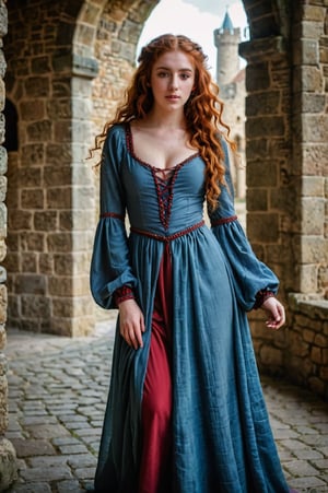 RAW photo, Girl 18 years old, Waist-length image in the center of the composition, pretty, Embarrassed, Long red curly hair braided, ((Medieval dress with long wide sleeves)), cutout dress, legs, (in a medieval castle), blurred background, 8K UHD, dim lighting, hiquality, Film grain, Fujifilm XT3