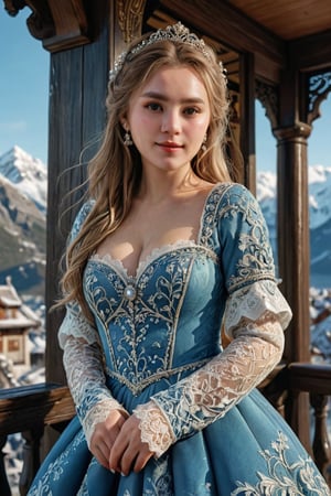 top-quality、​masterpiece、photographrealistic:1.4、in 8K、1 beautiful detailed girl、extremely detailed eye and face、beatiful detailed eyes、（Complex and exclusive dresses in traditional Norwegian style）、Luxury accessories、Elegant smile、natta（Depict a scene of a princess standing on the balcony of a castle。Hair swaying in the wind and a dress complement her noble vibe。Snowy mountains in the background）、Cinematic lighting、Textured skin、Super Detail、high detailing、High quality、hight resolution、（looking at the viewers）