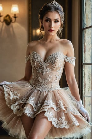 Masterpiece, Best Quality, A beautiful woman, 27 year old, Tulle Skirt Dress + Pumps + Lace Gloves dress, full body, extremely detailed face, detailed eyes and lips, long eyelashes, beautiful detailed skin, beautiful, natural lighting, 8k, highly detailed, photorealistic, hyper detailed photography, cinematic lighting, warm color tones, dramatic lighting, portrait