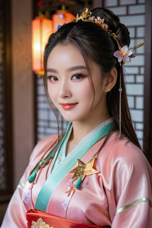 excellent quality, masterpiece, High Resolutiupon, 1 girl, blush, (enchanting smile: 0.8), star pupil, Chinese Hanfu, hair accessory, necklace, jewelry, beauty, upon_body, Tyndall effect, realistic, shadow room, light edge, Two-tupone Lighting, (high detail skin: 1.2), 8K UHD, Single-lens reflex camera, soft light, high quality, volume lighting, candid photos, High Resolutiupon, 4K, 8K, background blur, Real Persupon