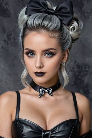 ((extremely realistic photo)), professional photo studio, The image features a beautiful gothic model with black and white hair with bow-type updo made with your own hair on the top back of the head, wearing a black leather choker, stares into the camera, ((ultra sharp focus:1.1)), (realistic textures and skin:1.1), (realistic and perfect gray-color eyes:1.1), ((perfect design of hands and fingers)), aesthetic. masterpiece, pure perfection, high definition ((best quality, masterpiece, detailed)), ultra high resolution, hdr, art, high detail, add more detail, (extreme and intricate details), ((raw photo, 64k:1.37)), ((sharp focus:1.2)), (muted colors, dim colors, soothing tones ), siena natural ratio, ((more detail xl)),more detail XL,detailmaster2,Enhanced All,masterpiece,photo r3al