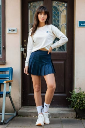 In this photograph, a mesmerizing 25-year-old Bulgarian girl with long, slender legs poses gracefully in front of a school. Her captivating brown eyes, framed by her chic fringe haircut, exude warmth and intelligence. She is dressed in a dark blue, mid-length tennis pleated skirt that accentuates her fit and slender figure. Completing her sporty look, she wears socks and stylish sneakers. The morning light gently caresses her, highlighting the soft contours of her face and the delicate features of her dark hair. The photograph captures her with a serene expression, as she stands tall with poise and confidence.
