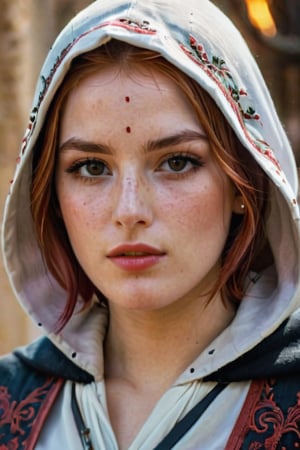 (realistic oil painting, Image up to the waist, 20-year-old princess, Englishman, black eyes, Vibrant appearance, Redhead, short hair), Ezio Auditore Tunic, Hooded, black, brown, red detail, Decorations, Freckles 10% of the zygomatic bones, Perfect Face, Critical Camera, Blurred Background, Warm Light, Garment Details, Strong leftovers, Mystery Pose