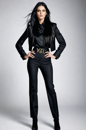 Caucasian female, black long hair to the waist, wearing winter collection yves Saint Laurent,vogue style, whole body, glad, creative archetype