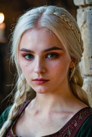 (((a deep reddish wound crosses her left cheek))) fair complexion, woman around 19 years old, natural white hair, distinctive green eyes, wearing kohl, slender and graceful, beautiful, candlelight in a medieval setting, ultra sharp focus, realistic shot, medieval female clothes, tetradic colors (scar:1.4)