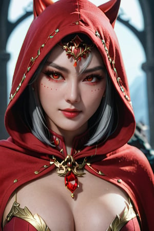 a close up of a woman wearing a red hood like a ruby ​​wearing a patch over one eye, shadowbringers cinematic, 4 k detail fantasy, a beautiful fantasy empress, sexy, long legs, game cg, xianxia fantasy, xianxia hero, 2. 5 d cgi anime fantasy artwork, cinematic goddess close shot, ruan jia and artgerm, wow 4 k detail fantasy, hyperdetailed fantasy character, smile beautifull.