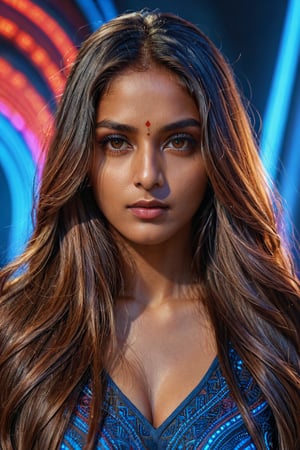 A confident-looking indian with long flowing hair, looking at viewer,hazel eyes, cyber background blue and red light,  perfect composition, hyperrealistic, super detailed, 8k, high quality, trending art, trending on artstation, sharp focus, studio photo, intricate details, highly detailed,