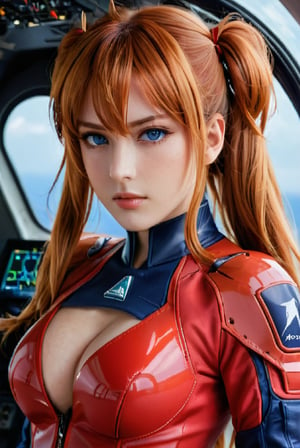 (best quality), high resolution,Asuka Langley Soryu, Beautiful Pretty Mixed German Babe, (Beautiful face), sexy lips, Auburn Twin Tails Ginger Hairs, intense gaze, dark blue detailed beautiful eyes, combine realism and anime influence, (dynamic pose), aeroplane, red plugsuit,