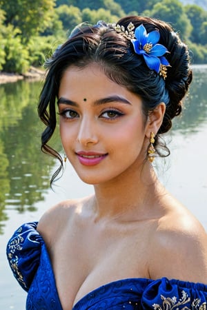(((Stunningly Beautiful persian Princesss ))), elegant blue black updo hair, Janhvi Kapoor, Laetitia Casta, sweet smile, girl bath in Village lake riverside