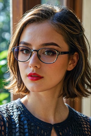 (best quality, masterpiece), 1girl, dappled sunlight, indoors, glasses, shy, 1 girl, young girl, (goosebumps:0.7), beautiful face, (eyeliner, lipstick:0.9), 4k, 8k, uhd, hdr, detailed background, background