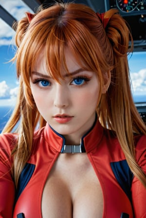 (best quality), high resolution,Asuka Langley Soryu, Beautiful Pretty Mixed German Babe, (Beautiful face), sexy lips, Auburn Twin Tails Ginger Hairs, intense gaze, dark blue detailed beautiful eyes, combine realism and anime influence, (dynamic pose), aeroplane, red plugsuit,