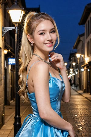 22 year old white female、hair color is blonde、eye color is blue、long hair、setting hair、Have a ponytail、accessories on wrist、I&#39;m wearing a choker、skin is smooth、smile、Slender but muscular body、My heart is pounding、high resolution、Skin is shiny、Wearing a princess dress、wearing high heels、I&#39;m in an alley in the old town、smile、hugging a streetlight