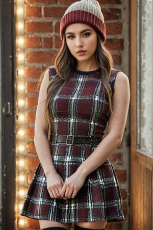 Masterpiece, Best Quality, A beautiful woman, 27 year old, Plaid Dress + Combat Boots + Beanie dress, full body, extremely detailed face, detailed eyes and lips, long eyelashes, beautiful detailed skin, beautiful, natural lighting, 8k, highly detailed, photorealistic, hyper detailed photography, cinematic lighting, warm color tones, dramatic lighting, portrait