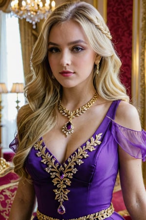 Close up A girl long blonde hair wearing purple royal dress and royal necklace with gold bracelet walking on royal room 