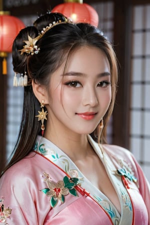 excellent quality, masterpiece, High Resolutiupon, 1 girl, blush, (enchanting smile: 0.8), star pupil, Chinese Hanfu, hair accessory, necklace, jewelry, beauty, upon_body, Tyndall effect, realistic, shadow room, light edge, Two-tupone Lighting, (high detail skin: 1.2), 8K UHD, Single-lens reflex camera, soft light, high quality, volume lighting, candid photos, High Resolutiupon, 4K, 8K, background blur, Real Persupon