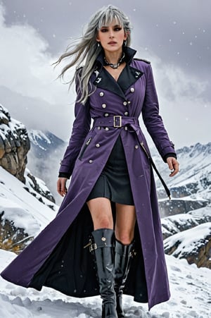 (Ultra-detailed face, looking away), (Fantasy Illustration with Gothic & Ukiyo-e & Comic Art), (Full body, A middle-aged dark elf woman with silver hair, blunt bangs, very long disheveled hair, and dark purple skin, lavender eyes), (She is wearing a long black trench coat and black boots. The trench coat is double-breasted, belted, with chin warmers, gun patch, and epaulettes), (With a steely face and heavy breathing, she leaps over the steep rocky cliffs of blizzard-blowing snowy mountains with great action and daring poses), BREAK (Below her we see snow-covered mountains, strong winds, and falling snow)
