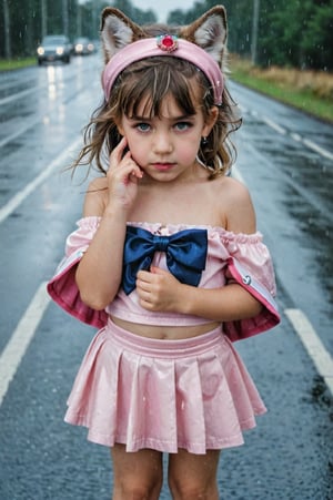 1 little girl, 7 years . Tiny  girl Shaggy hair
Collar, accessories
Wearing wolf headband pink off shoulder sailor  and skirt
Teary and focus eyes. , detailed finger
On a rainy road
Proporsional