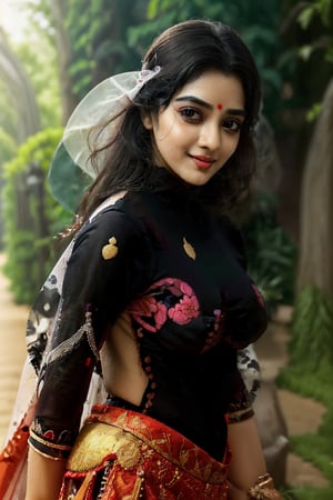 A typical Bangladeshi girl, (superior, Hires), detailed eyes, detailed lips, flowing black hair, traditional dress, vibrant colors, natural lighting, lush green background, ethereal atmosphere, delicate makeup, elegant jewelry, confident expression, traditional patterns, Traditional shoes on feet, walking in the garden,full size realistic image, good eyes, red saree, good breast size, liitle smile on face,Indian