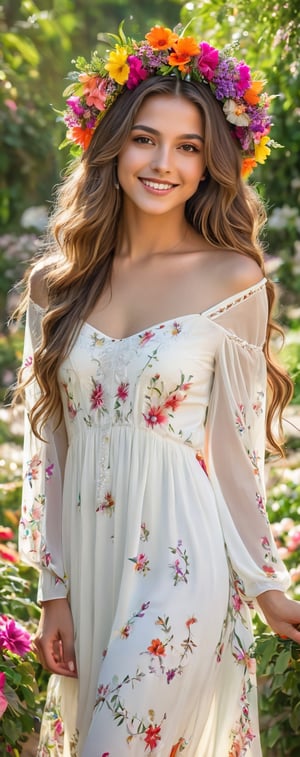 (masterpiece, best quality, ultra-detailed, 8K),high detail,
a beautiful young woman with long flowy hair, colorful wreath, brown eyes, orcelain skin, flawless complexion, rosy lips, luscious mouth,kind smile, realistic flower white dress, elegant colorful outfits,
warm tone, soft lighting, dynamic shadows,blooming lush garden background, 
depth of field,
