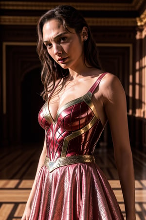 Gal Gadot, pink princess outfit, crinoline dress, crown, in the palace, red lips, adorable, long hair, perfect fingers, perfect nails, lustrous eyes, big breast, cleavage, perfect natural breasts, perfect boobs, ultra detailed face, model figure, full body portrait, first-person view, high quality, very detailed, 8k ultra HD, awake euphoric style, aesthetic portrait, masterpiece, extremely realistic, real photo, photorealistic, sexy pose, nice legs and hot body, striking pose, ,sks woman,Elizabeth olsen ,elizabeth,Scarlet Witch 